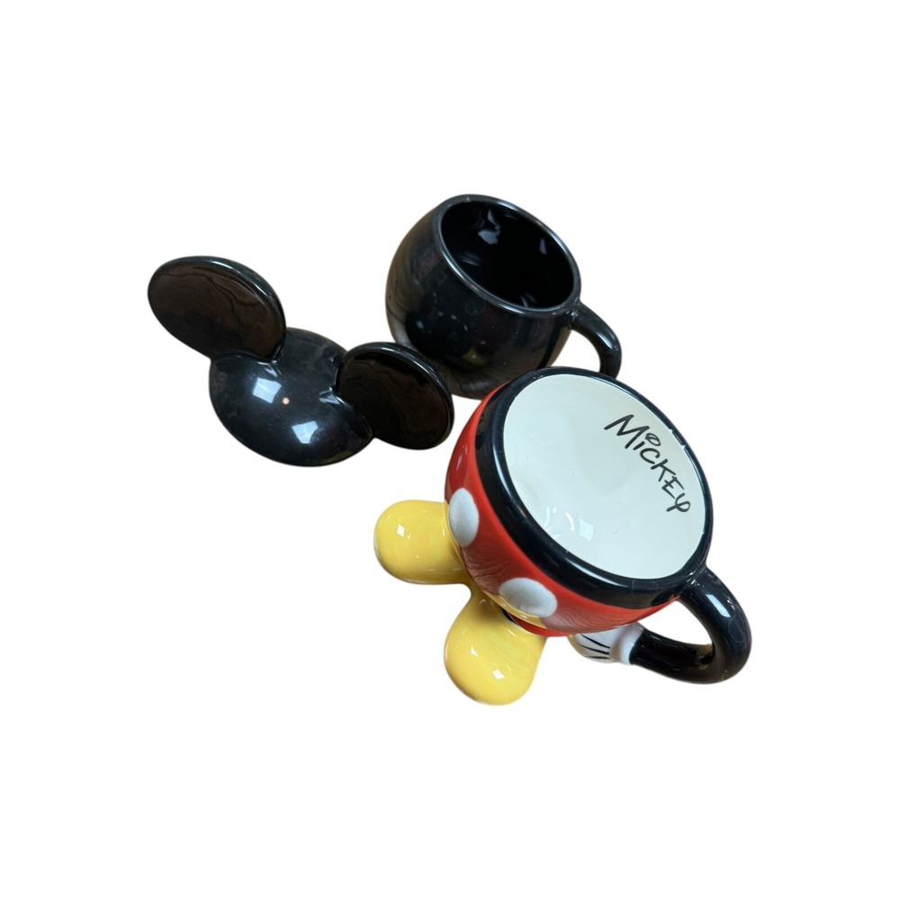 Disney Mickey Mouse Mugs Set 2 Typo Pants Round Ceramic Ears Lid Red Black Good